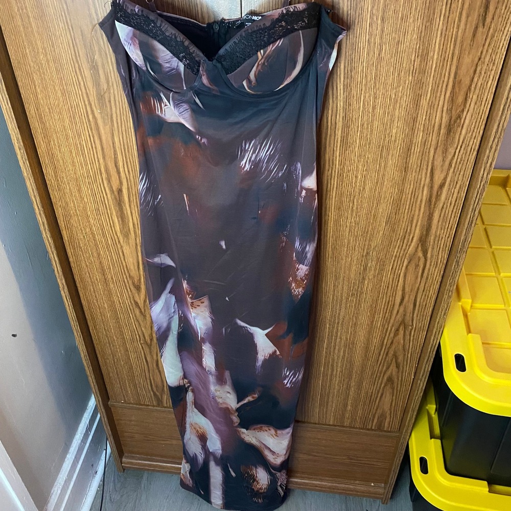 Fashion Nova Midi Dress Womens Small Brown Abstract Lace Bustier